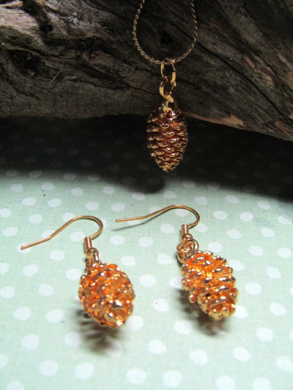 Gold Dipped Mini REAL Vintage Pinecone Charm Necklace and Earrings Set